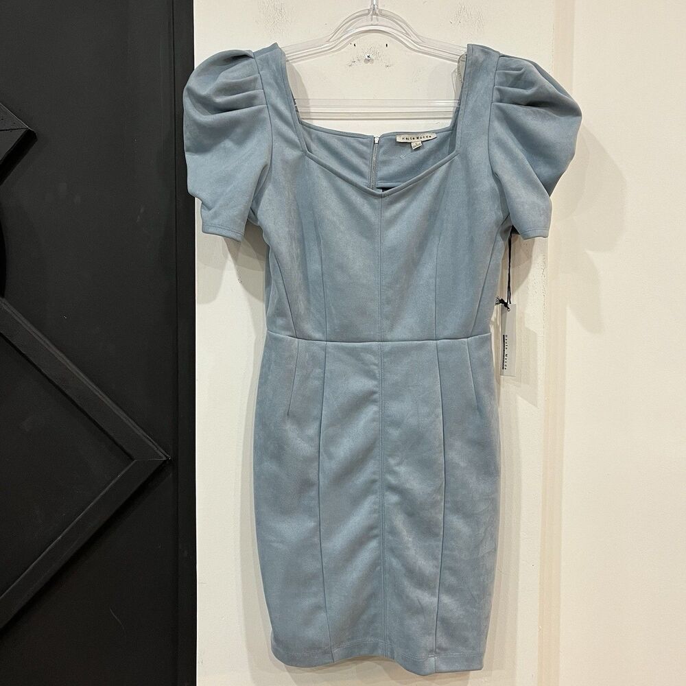 NWT Haute Monde Light Blue Suede Puff Sleeve Pleated Sheath Dress Size Large